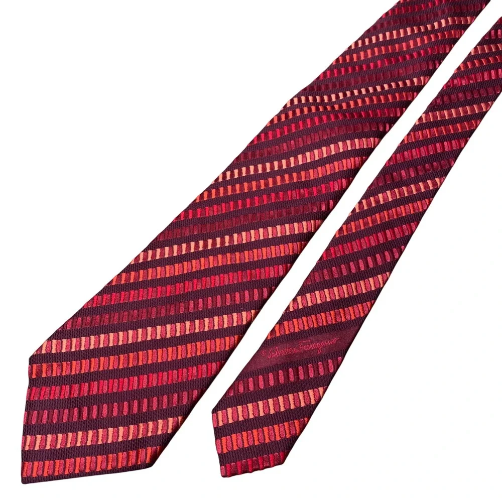 Salvatore Ferragamo Silk Necktie Geometric Stripe Italy Burgundy Orange Luxury